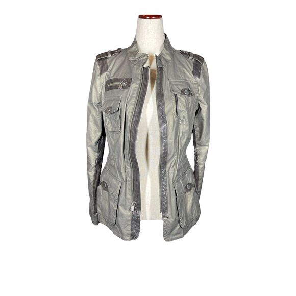 Vince Jackets & Blazers - Vince Army Green Gray Waxed Cotton Leather Trim Utility Jacket Size Sm Epaulette